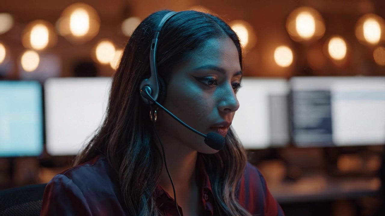 Focused Customer Service Agent in a Modern Call Center Using Headset Technology While Monitoring Multiple Screens for Incoming Calls and Support Requests