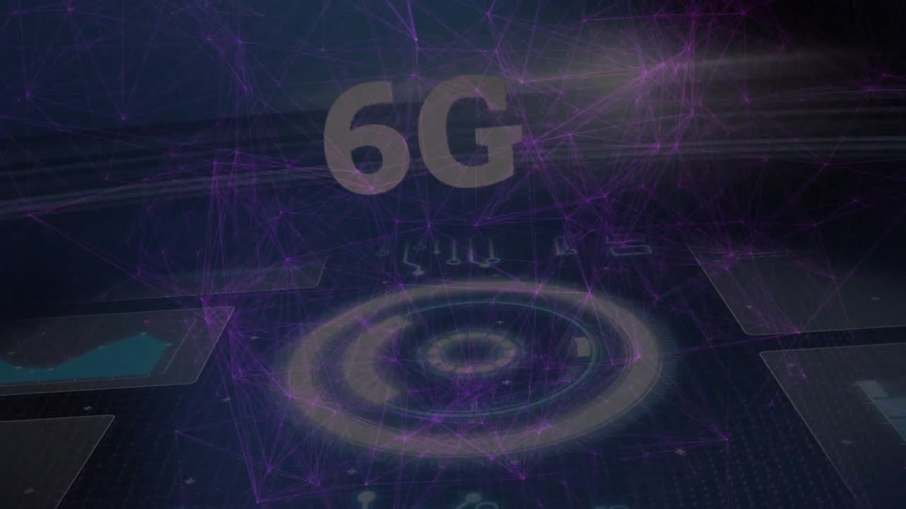 animación de texto de 6g, red de conexiones con escaneo de alcance