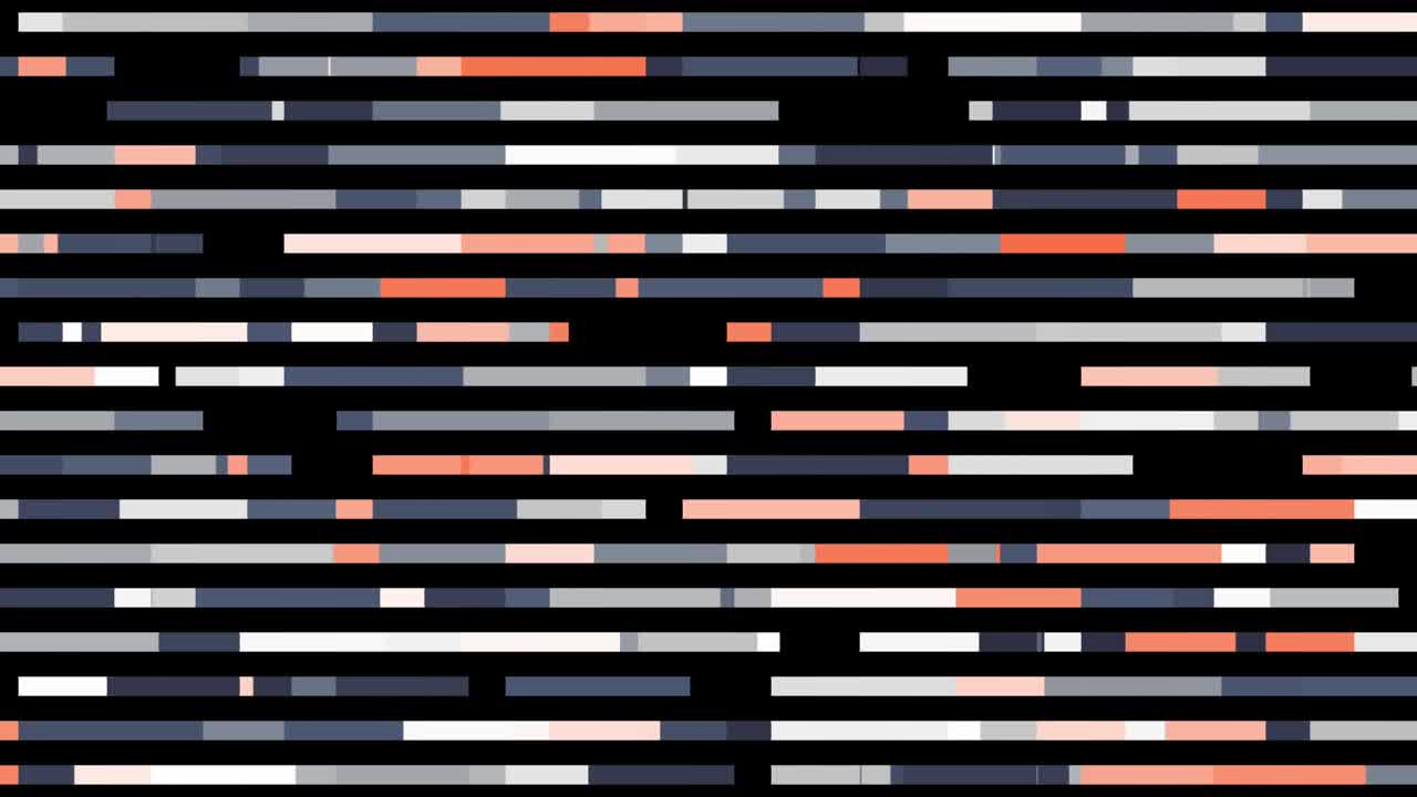 Abstract horizontal parallel rows of line segments moving intermittently into the same direction isolated on black background. Animation. Seamless loop motion design