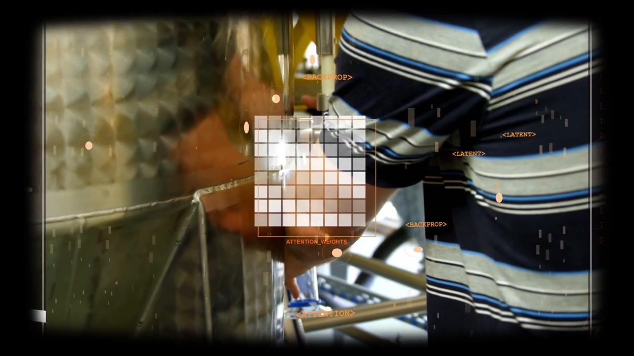 Adjusting striped-polo technician turning valve and tubing on steel tank in plant with HUD overlay