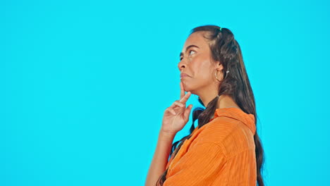 thinking, idea and face of woman on blue