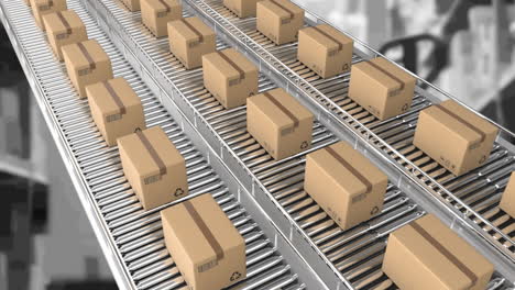 animación de cajas de cartón que se mueven en cintas transportadoras sobre el almacén