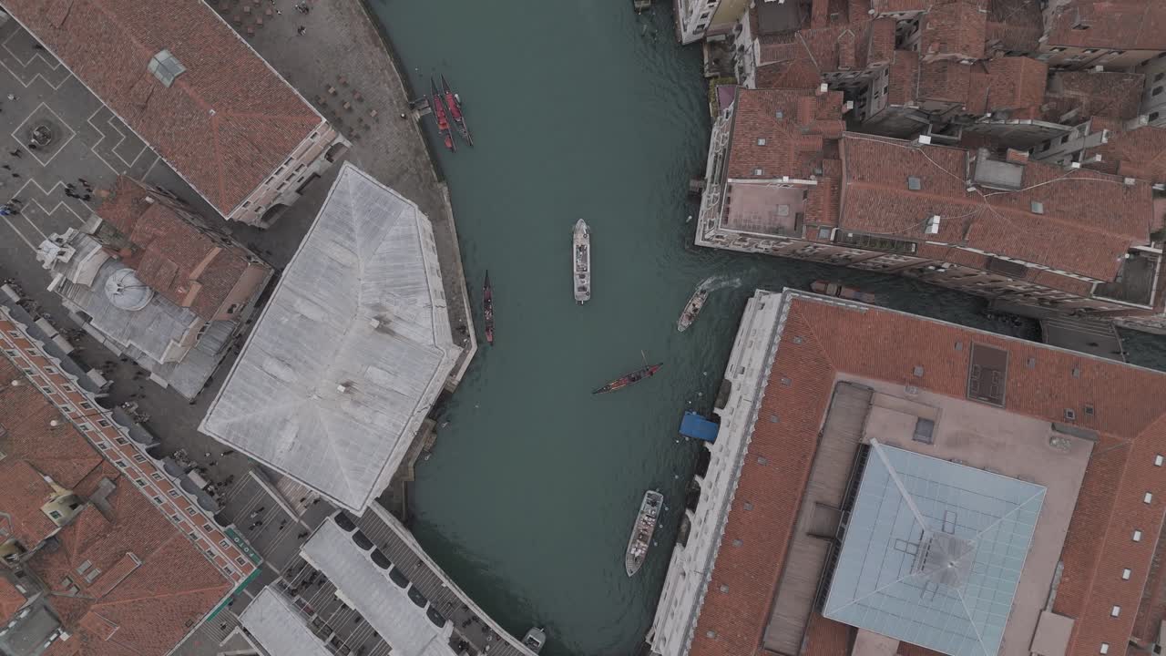 Cinematic drone footage of Rialto Bridge and Grand Canal in Venice.
