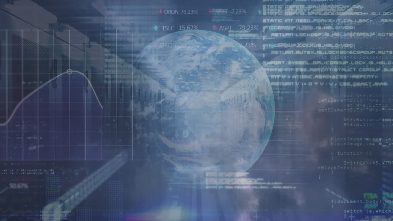 Animation of binary coding, statistics and data processing over globe