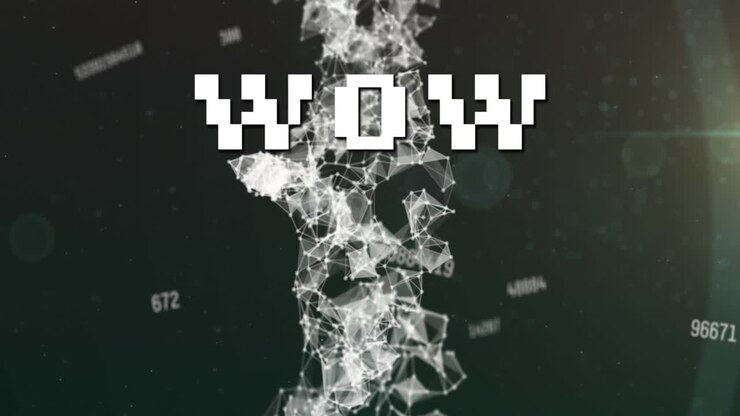 Animation of wow text over network of connections and data processing on grid