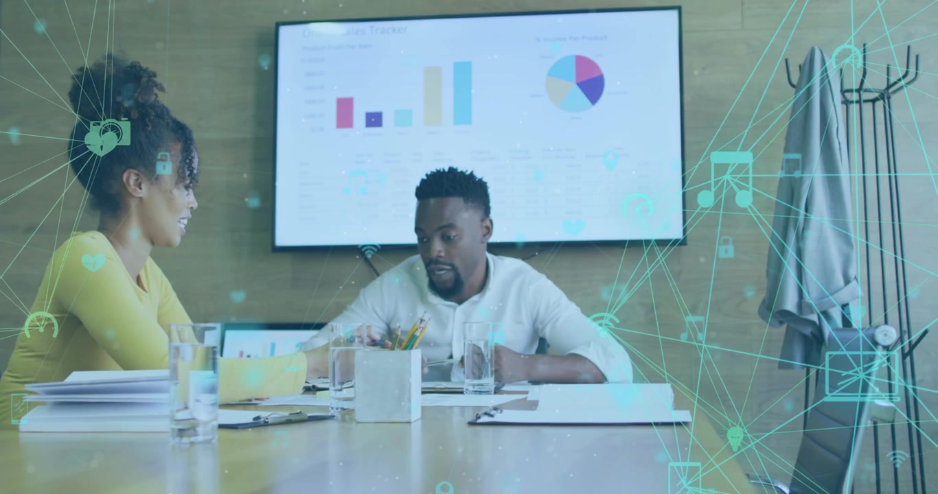 Animation of network of connections and data processing over business people in office