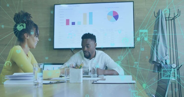 Animation of network of connections and data processing over business people in office