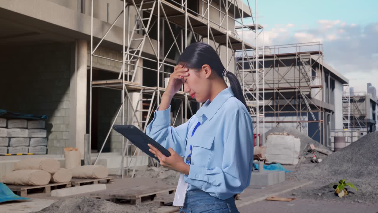 Tampilan Samping Wanita Asia dengan Tabletnya di Lokasi Konstruksi yang Sedang Berlangsung ke Rumah Baru, Memeriksa dengan Kecewa dan Mengangguk-anggukkan Kepalanya