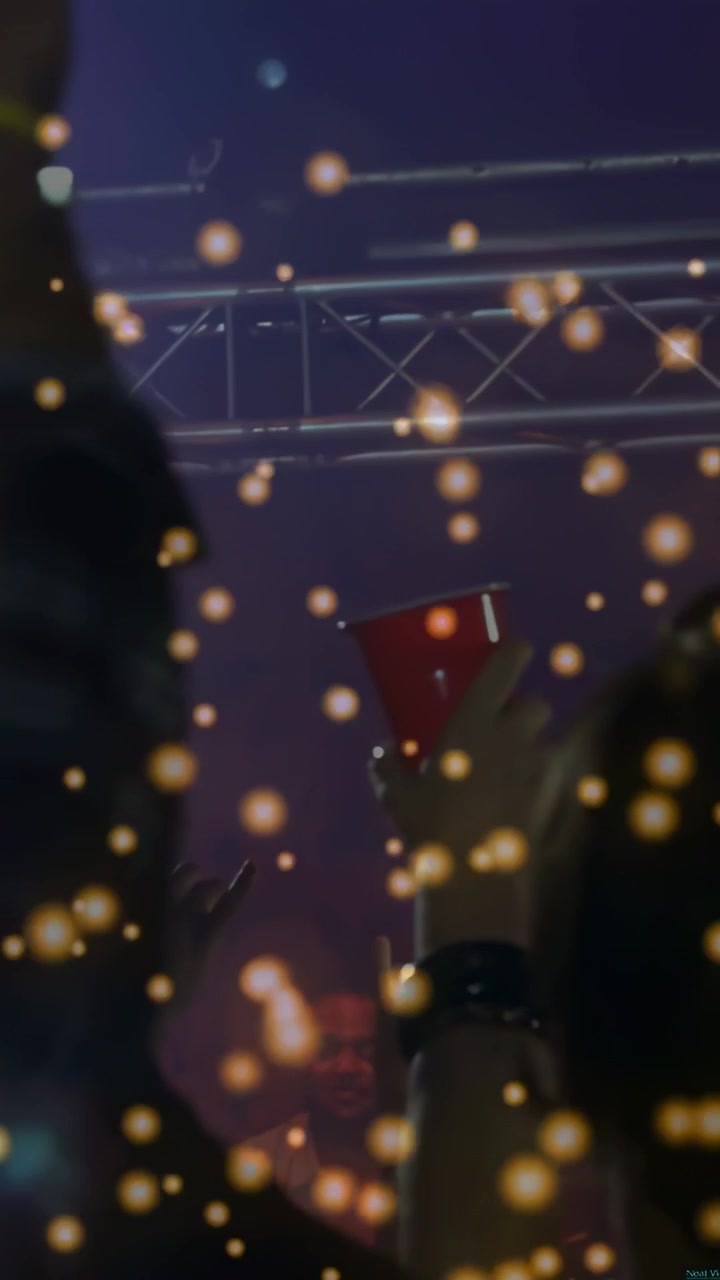 Vertical video: Sparkles fading, crowd raising arms to see performer at stage, revealing red cup