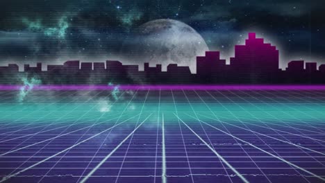 animación del paisaje urbano nocturno sobre una cuadrícula azul en movimiento