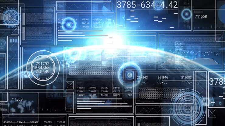 Animation showing futuristic data graphs overlaying Earth in digital interface