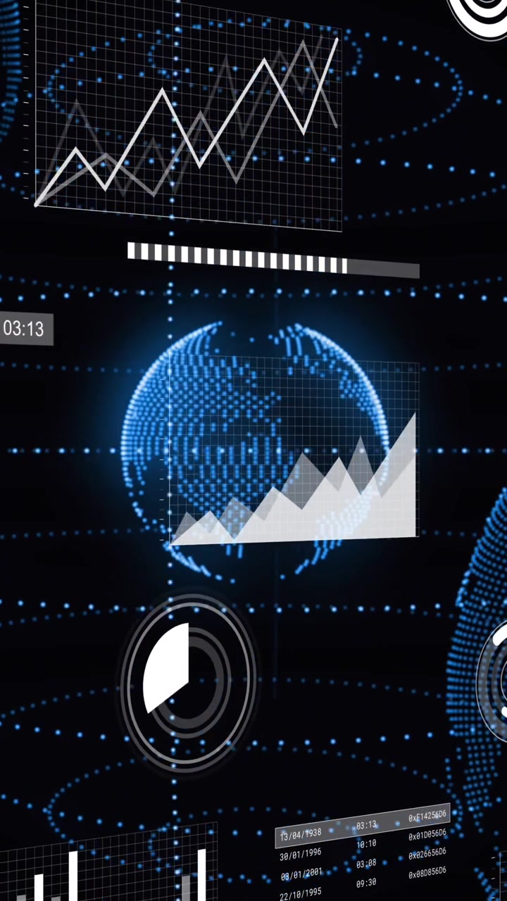 Animation of multiple graphs, loading bars, circles and multiple globes over black background