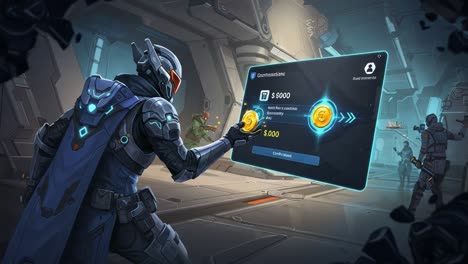 a futuristic character interacts with a digital interface, highlighting currency changes in a sci-fi environment, showcasing advanced technology and immersive design