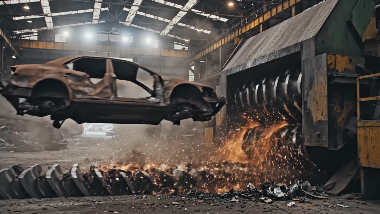 Car Crusher Destroying Vehicles at a Metal Recycling Plant