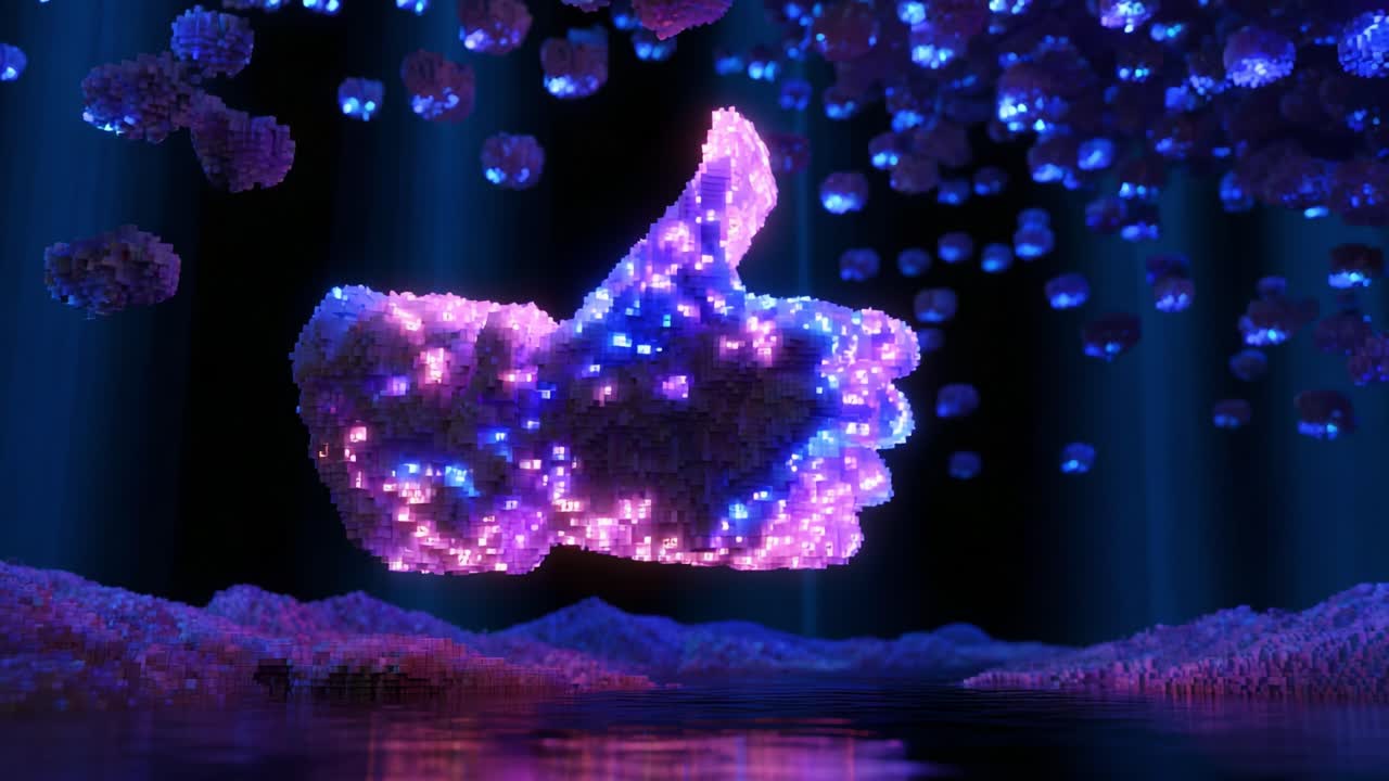 A Stunning Digital Representation of a Thumbs Up Gesture Constructed with Vibrant, Multicolored Light Particles Set Against an Ethereal, Glowing Background, Evoking Feelings of Positivity and Connection