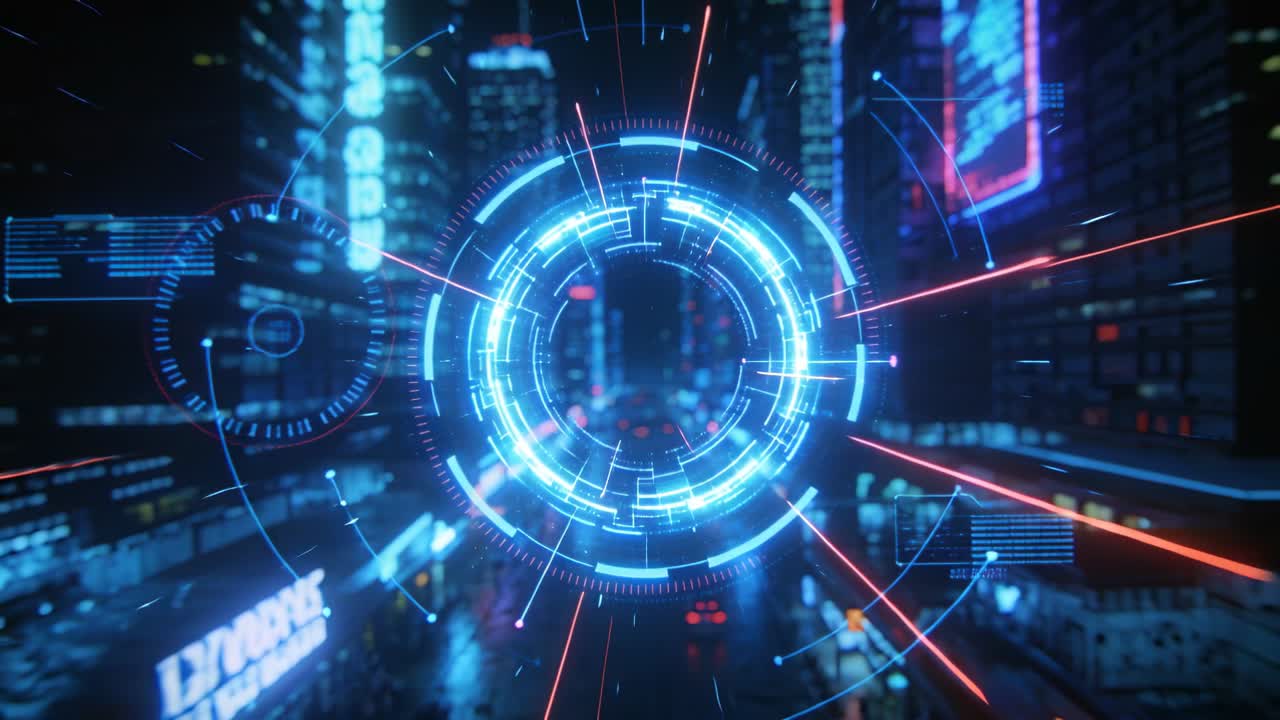 HUD olografico che si attiva, ruotando e pulsando sopra un viale al neon, scansionando la carreggiata bagnata e l'HUD di sinistra.
