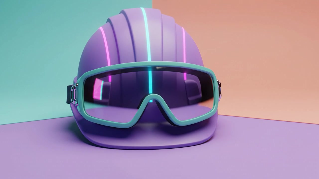 Stylish Purple Helmet with Futuristic Goggles on a Vibrant Colored Background Showcasing Modern Design Elements and Trends in Headgear and Safety Equipment