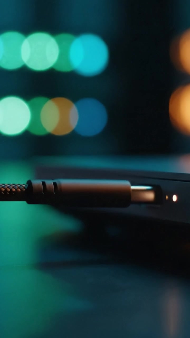 Close-Up of a Laptop Connection with Ambient Lighting in the Background, Focusing on the Detailed Interface and Vibrant Color Bokeh Effect