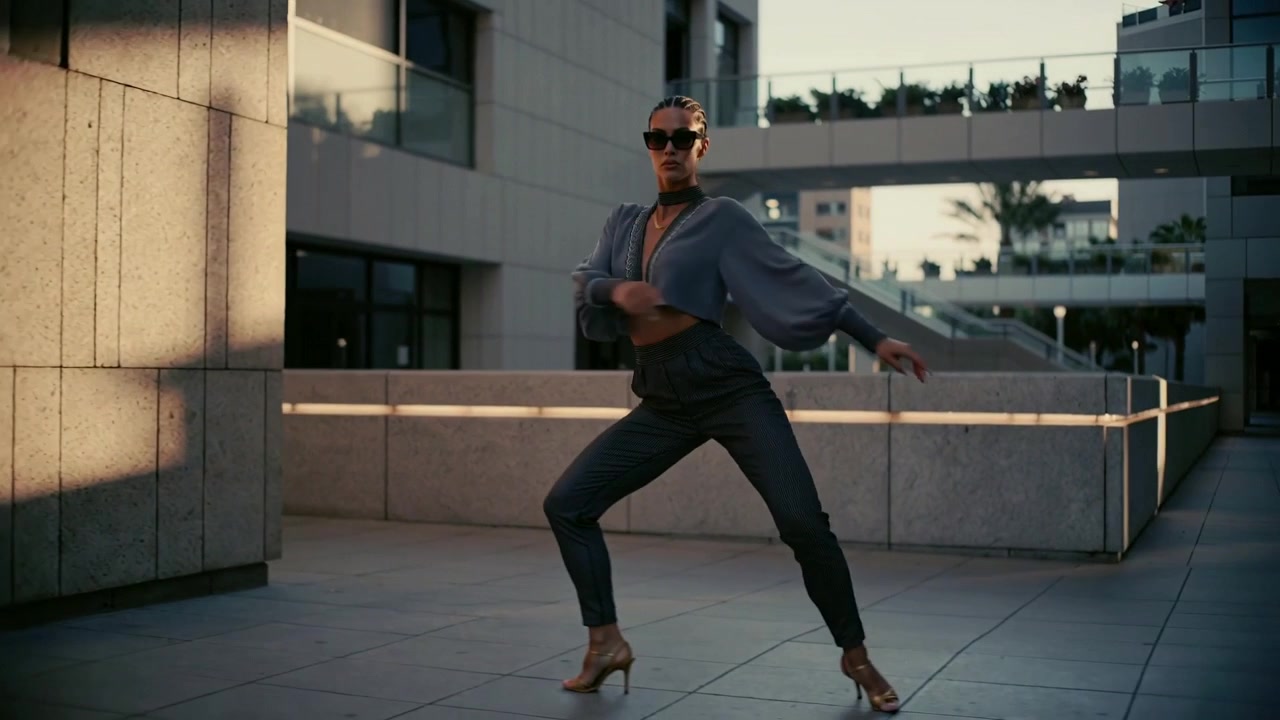 Spingendosi da un muro di cemento, donna con le trecce, tacchi che danzano e ruotano, ombra su una terrazza, spazio per il testo.