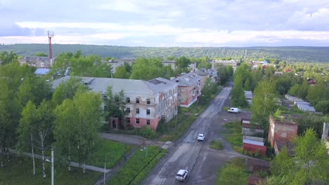 aerial view of a small town with abandoned buildings
