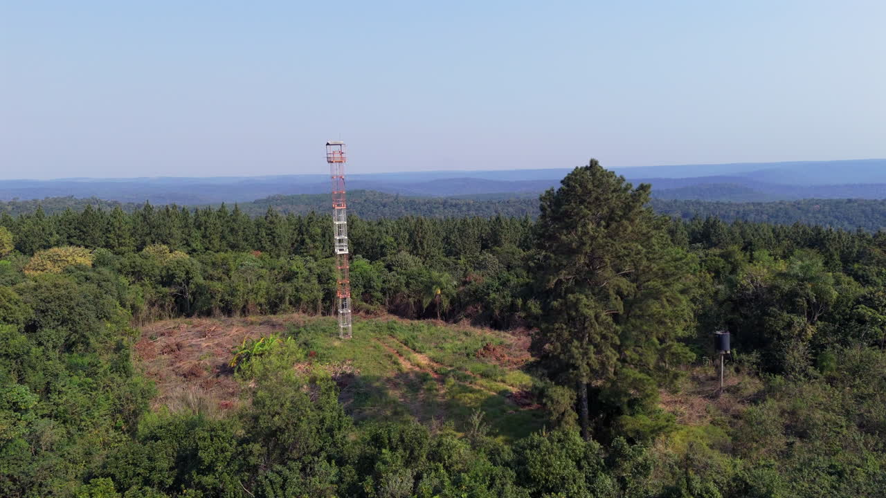Aerial rises up forest fire lookout tower, vast lush green forest landscape at daylight skyline