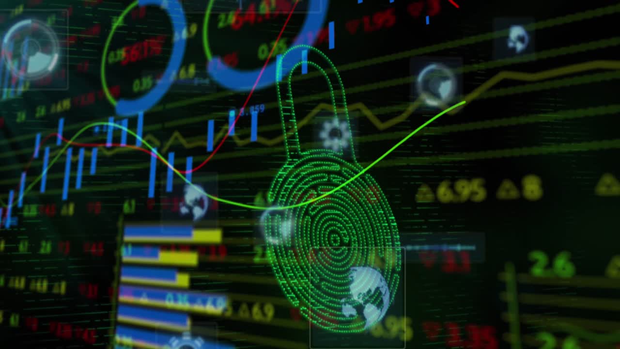 анимация обработки данных с защитным замком на темном фоне