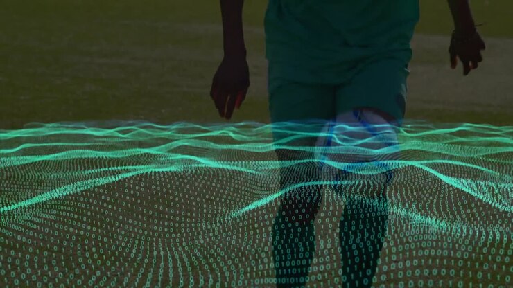 Animation of waves with binary coding over biracial football player on stadium