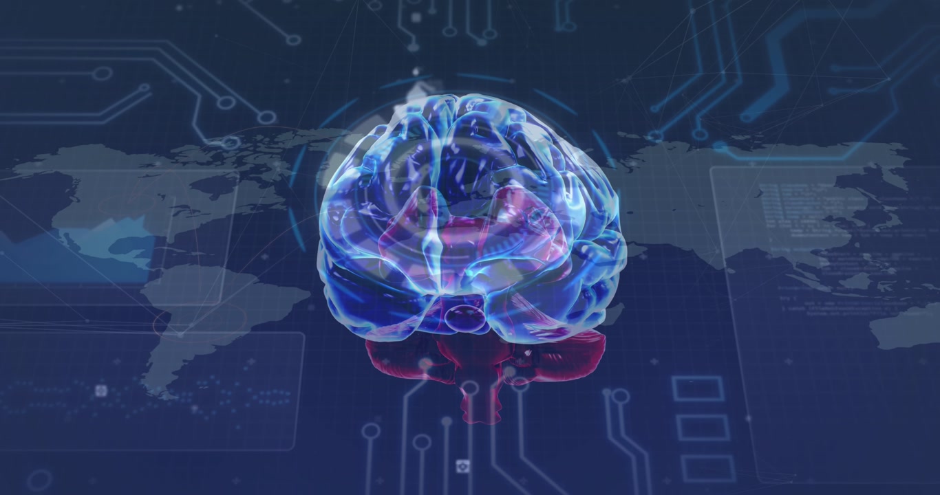 Animation of rotating brain over icons integrated circuit and world map