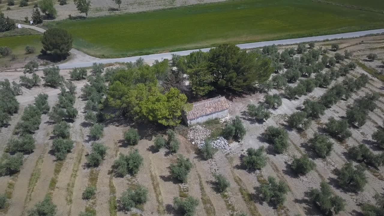 toma aérea de un pequeño almacén abandonado rodeado de campos de olivos en el sur de españa