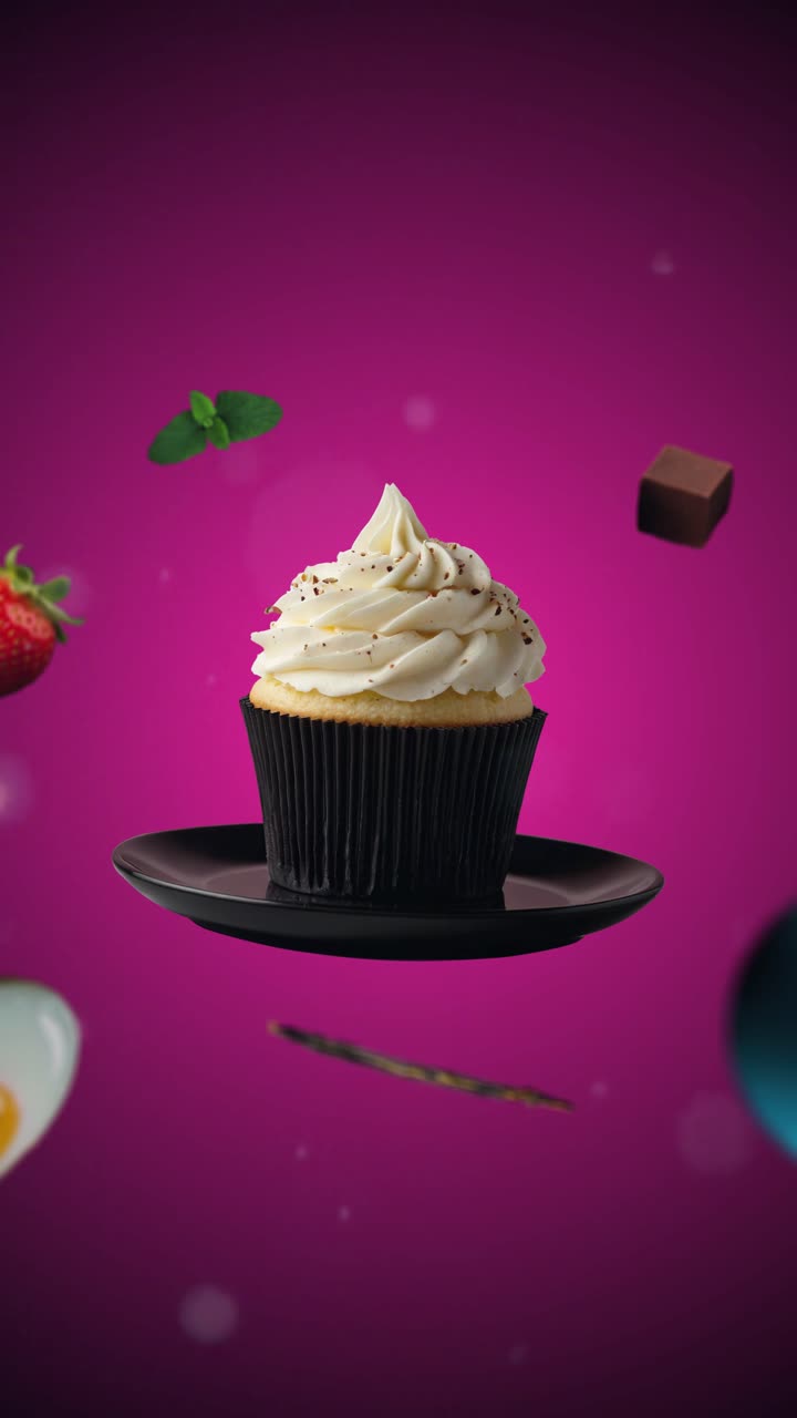 Intro animata di cupcake alla vaniglia per pubblicità o marketing per ristoranti con gli ingredienti del dessert che volano in aria (sfondo rosa) - video verticale per aggiungere prezzo o vendita