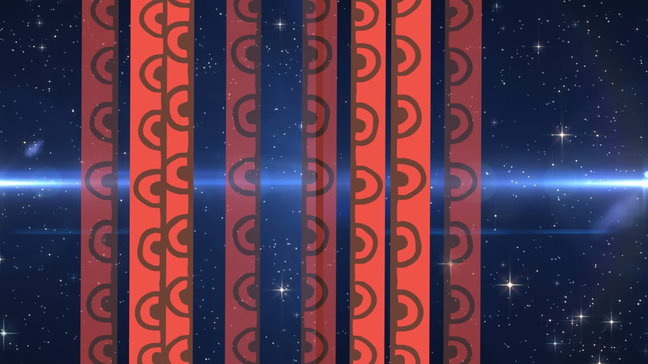 움직이는 스포트라이트와 반 ⁇ 이는 입자 위에 오렌지색 패턴의 스트립의 애니메이션, 검은색