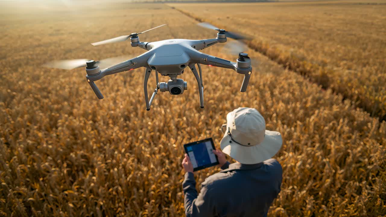 Hovering quadcopter pointing down over wheat, operator in sunhat checking tablet for crop survey