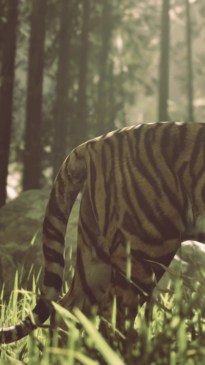 Tiger walking through grass in forest during sunlight in afternoon
