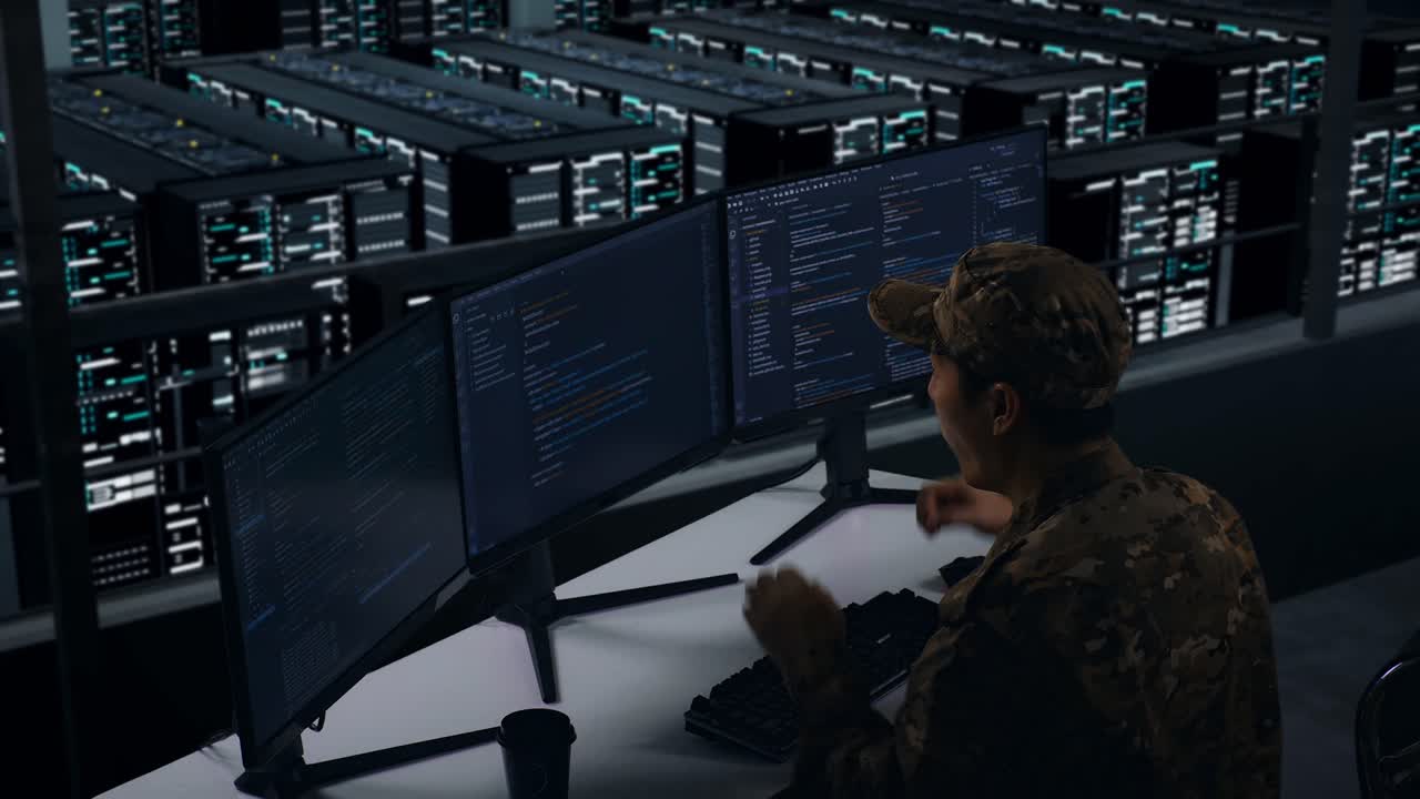 Side View Of Happy Asian Military Celebrating While Write Code With Multiple Computer Screens In Data Center