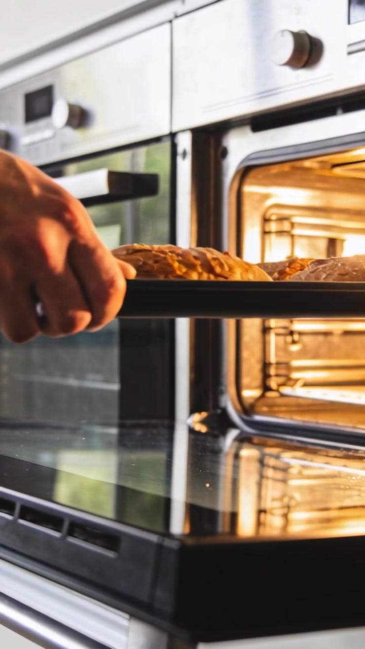 Video vertical: Brazo desnudo sujetando y deslizando una bandeja de un horno de acero en la cocina, enfriando dos panes marrones.