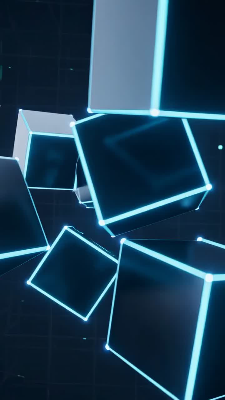 Vertical video: Glowing cubes rotating in dark grid void, showing cyan edges, nodes, sparks