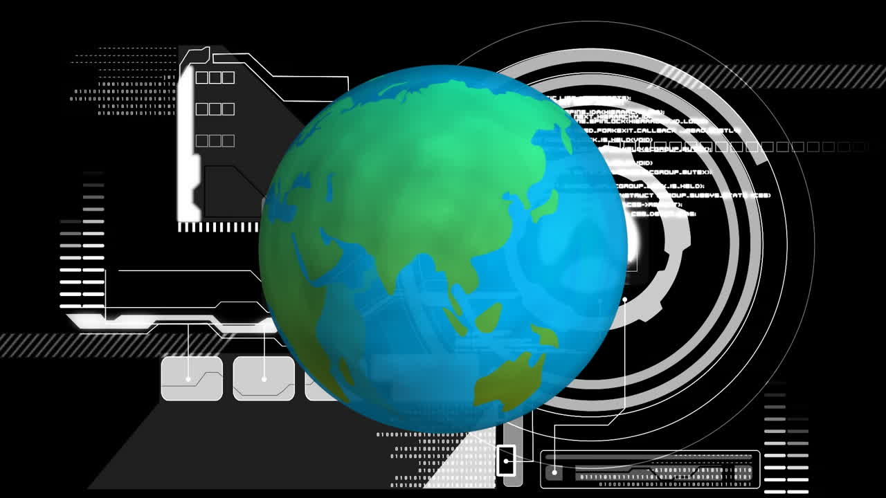 Animation of digital data processing and globe on black background