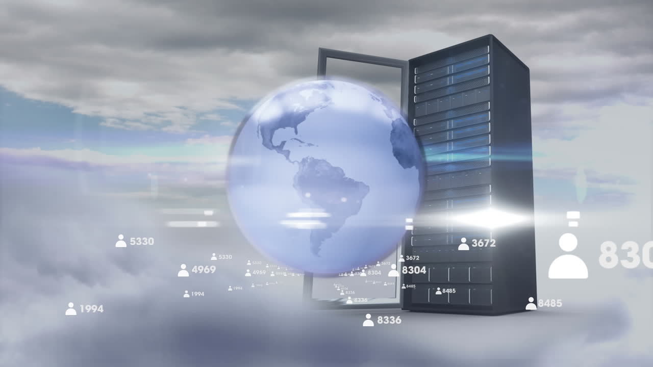 Multiple profile icons with increasing numbers over globe and computer server against clouds in sky
