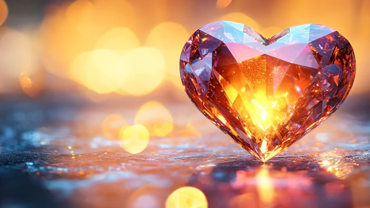 A heart made of a diamond is lit up by a light. The diamond is surrounded by a blue background