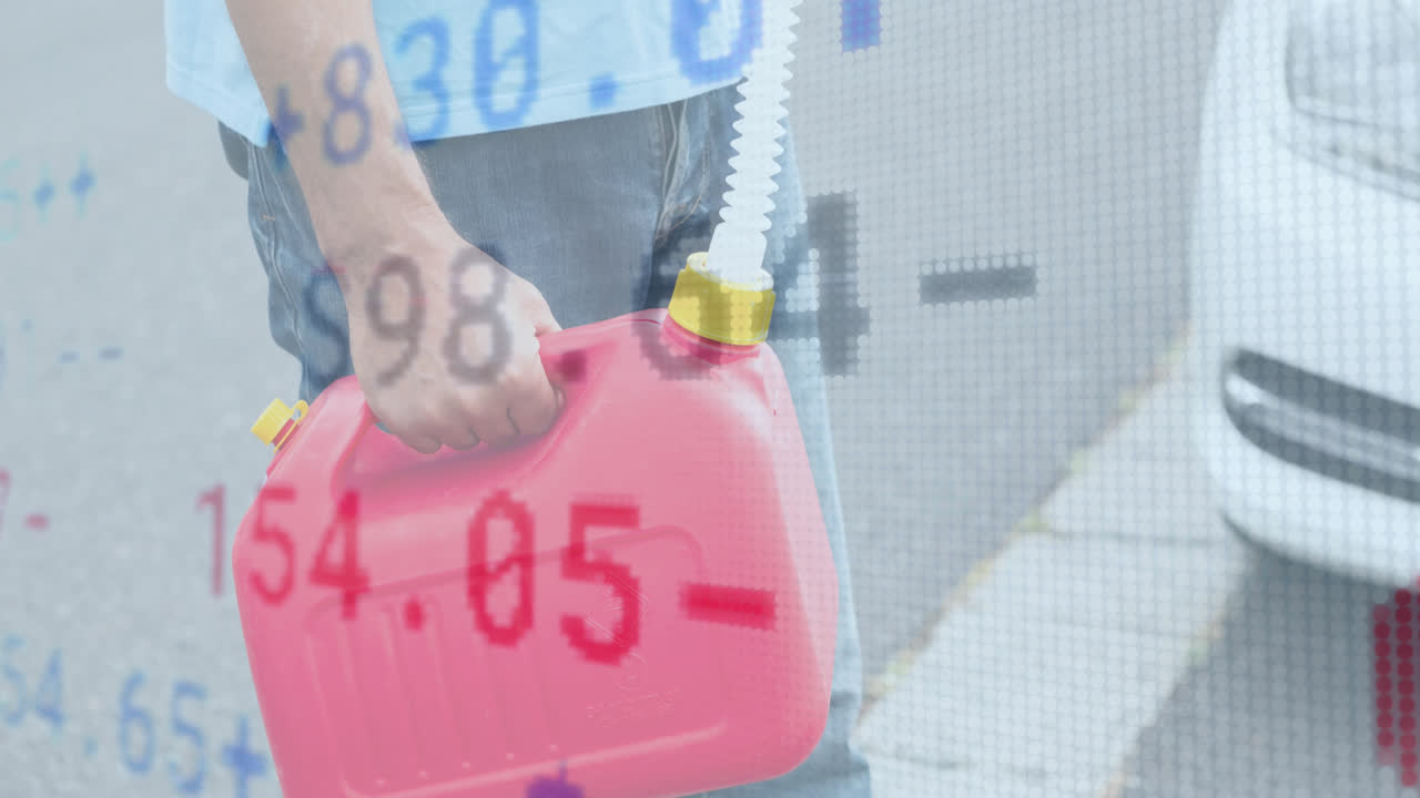 연료 캔을 들고 다니는 사람 위에서 금융 데이터 처리의 애니메이션