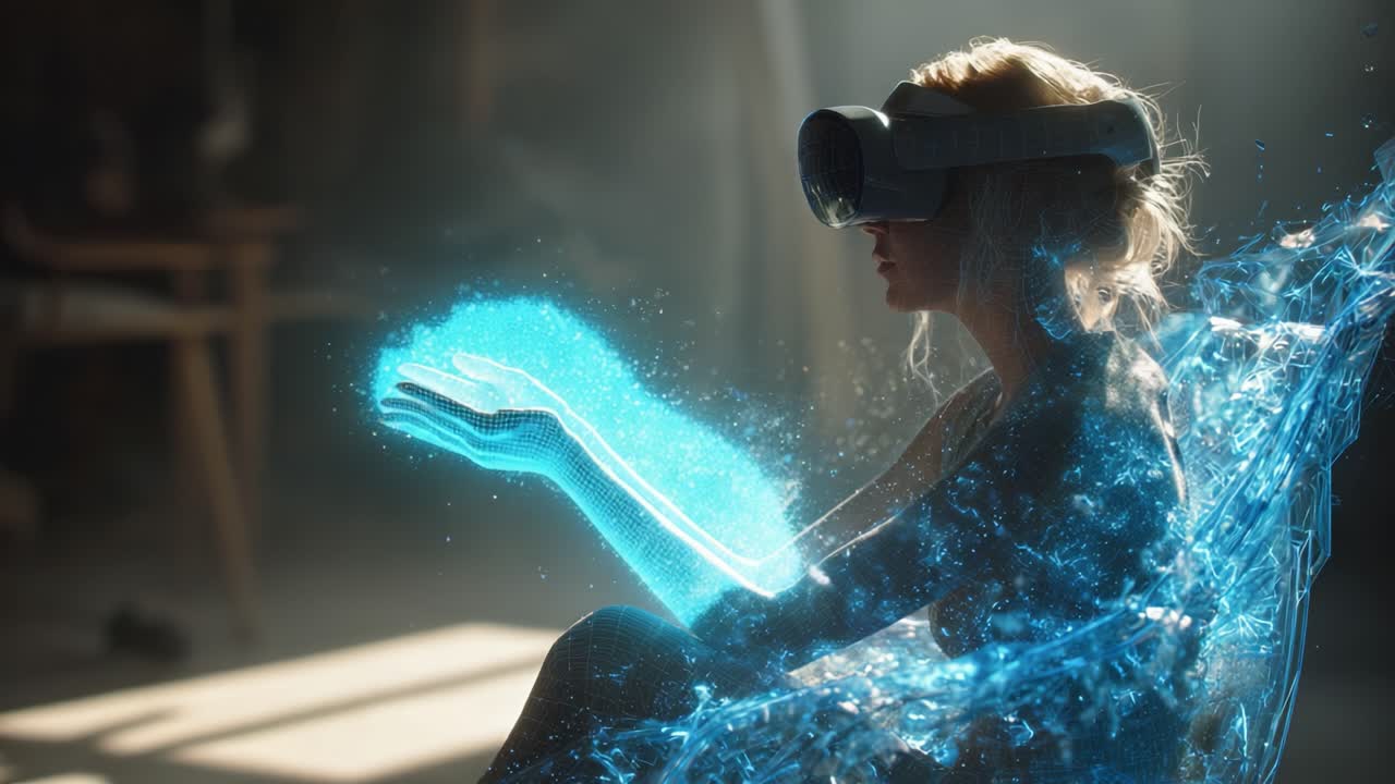 A Futuristic Exploration of Virtual Reality and Digital Interaction: A Woman Engages with Holographic Elements While Wearing a VR Headset, Immersed in a World of Digital Innovation and Imagination