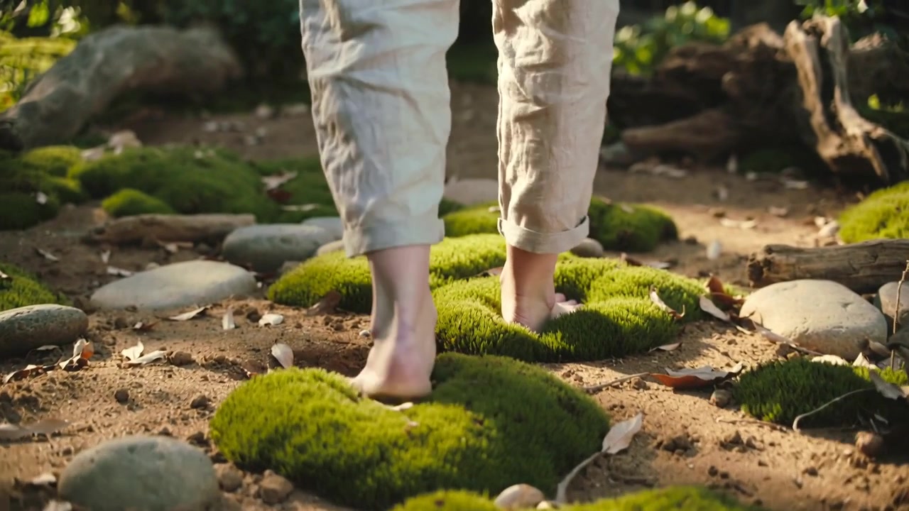 Walking woman starting heel lift, stepping across moss path in shaded garden, barefoot linen pants