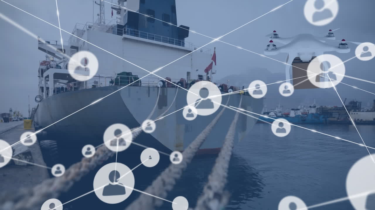 드론과 선박을 통해 아이콘을 가진 연결 네트워크의 애니메이션