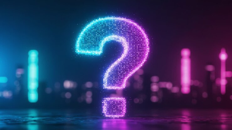A Glowing Question Mark Illuminated by Vibrant Neon Lights in a Dark Urban Setting, Symbolizing Curiosity and Mystery in a Digital World
