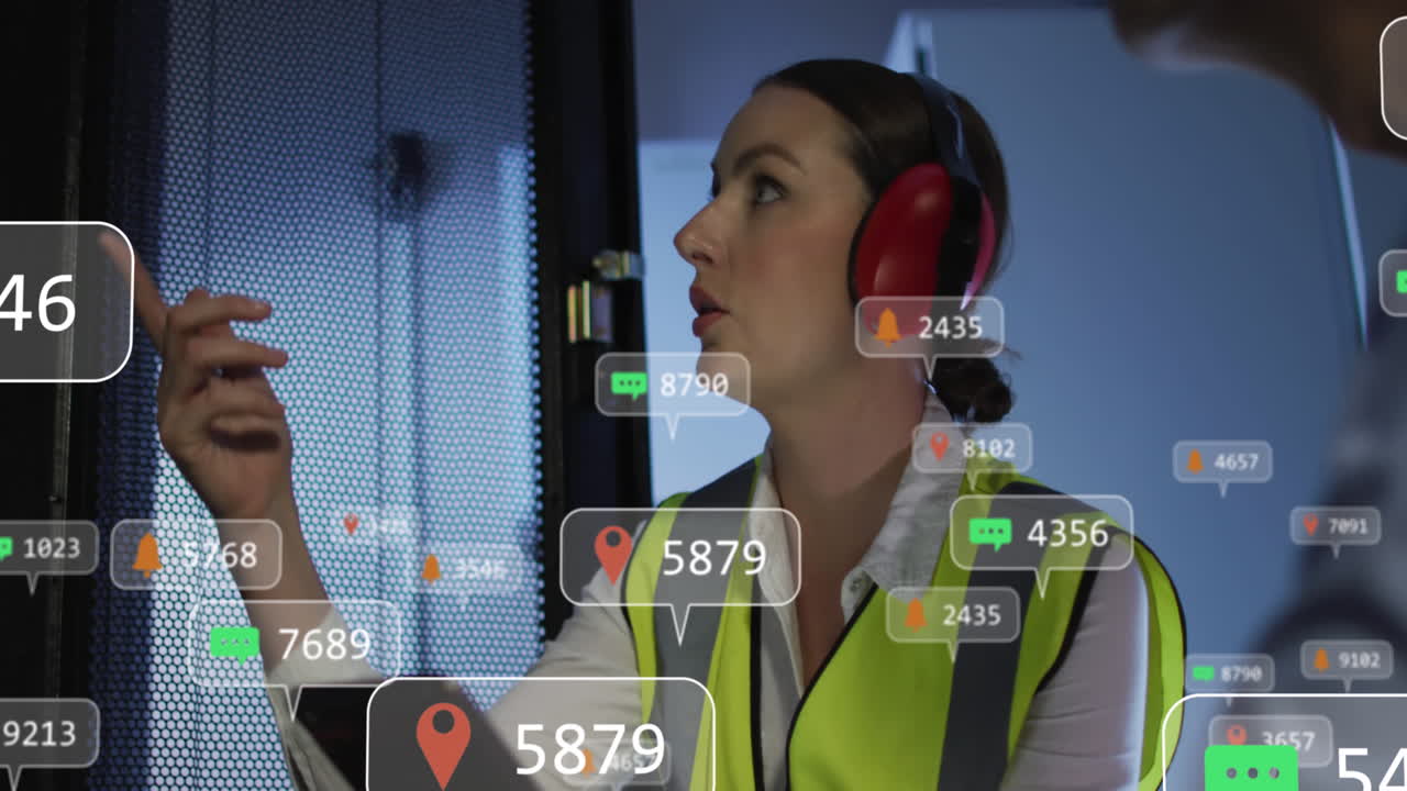 animación de iconos de las redes sociales para mujeres caucásicas ingeniera de ti con tableta por servidor de computadora