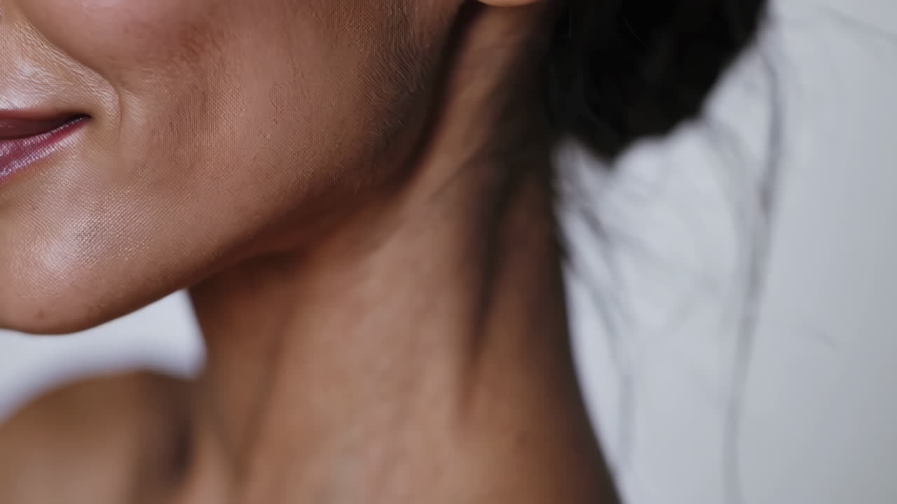 Close-up of woman's face and neck with makeup
