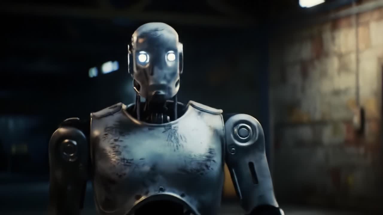 A metallic robot is prominently displayed in a dimly lit, deserted industrial space. Its glowing eyes create an eerie atmosphere as it remains motionless, showcasing advanced design.