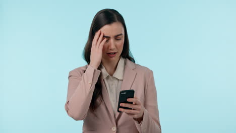 Stress,-phone-and-businesswoman-in-a-studio