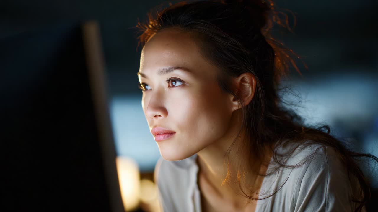 A Captivating Moment: A Thoughtful Young Woman Engaged in Deep Focus While Staring at a Computer Screen in a Dimly Lit Environment, Exemplifying Modern Technology and Personal Reflection