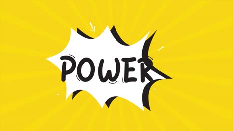 a comic strip cartoon animation, with the word power appearing. yellow and halftone background, star shape effect